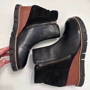 Diba True Black Leather Ankle Boots Wedge Heel Zip Up 11
